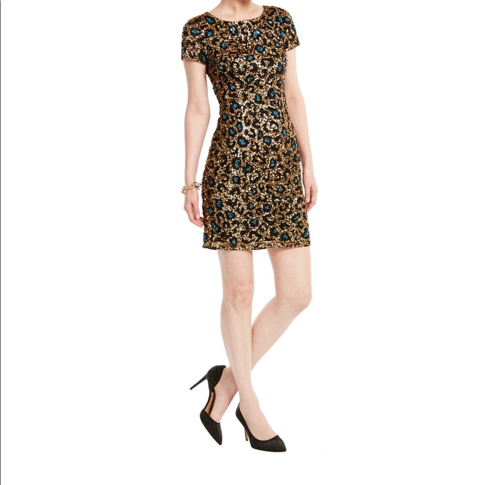 Adrianna Papell Women's Black Sequined Leopard-Print Sheath Dress Size 6